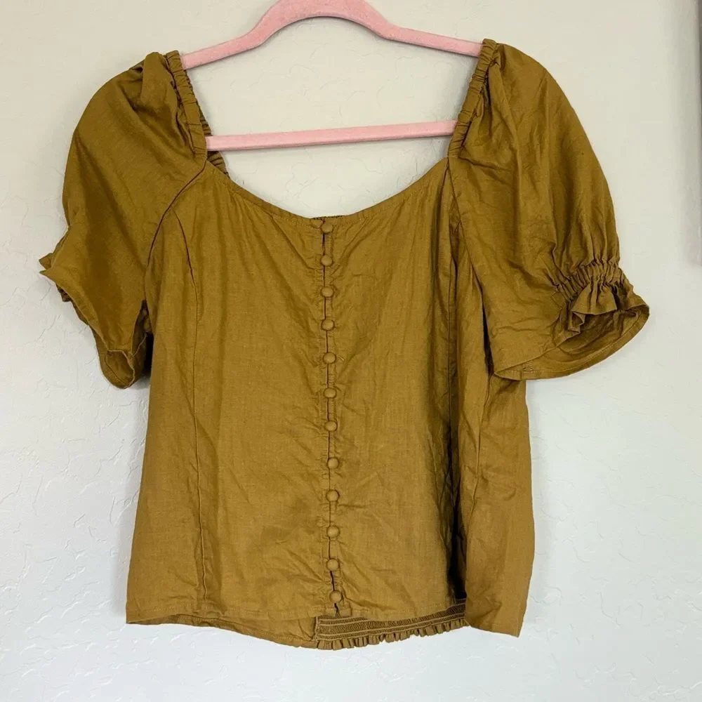 Madewell Button Front Smocked Back Hemp Puff Sleeve Top Bronze Yellow Size 6
